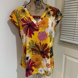 7th Avenue NY & Company bright colorful floral yellow short sleeve top sz Large